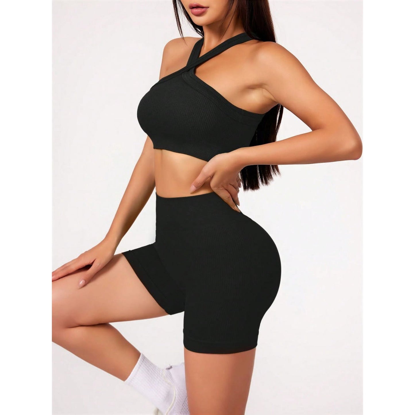 2Pcs Yoga Sets Naked Feel Gym Set Women Workout Clothes High Waist Yoga Shorts and Strappy Sports Bra Short Sets Summer