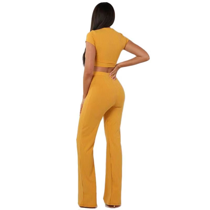 Women Knitted Long Sleeve O-Neck Crop Top Wide Leg Pants 2 Piece Set for Female Women Tops Pants Two Pieces Sets Women'S Suits