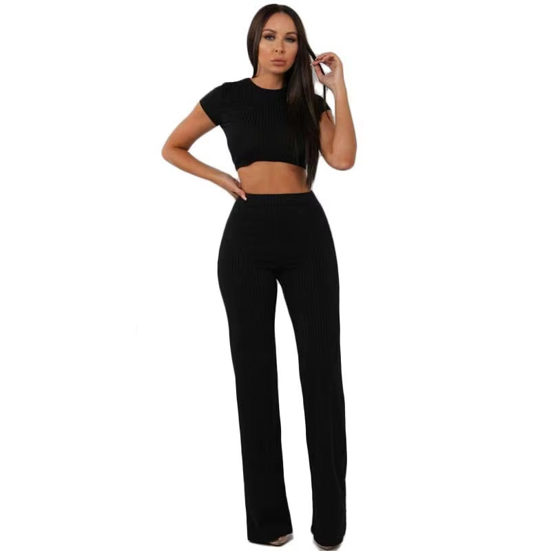 Women Knitted Long Sleeve O-Neck Crop Top Wide Leg Pants 2 Piece Set for Female Women Tops Pants Two Pieces Sets Women'S Suits