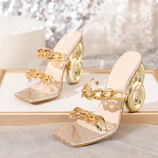 New Style Chic Strange Fretwork Heels Modern Slippers PVC Transparent Shoes Women Slides Fashion Metal Chain Summer Sandal