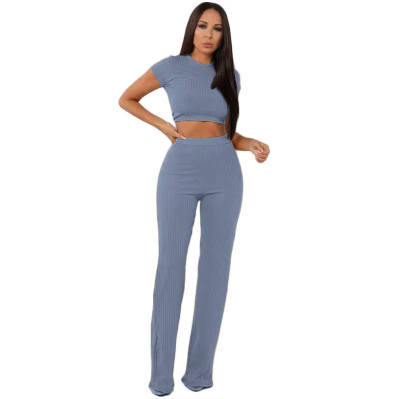 Women Knitted Long Sleeve O-Neck Crop Top Wide Leg Pants 2 Piece Set for Female Women Tops Pants Two Pieces Sets Women'S Suits