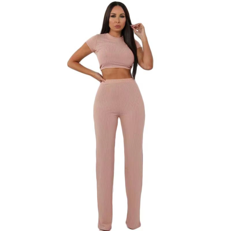 Women Knitted Long Sleeve O-Neck Crop Top Wide Leg Pants 2 Piece Set for Female Women Tops Pants Two Pieces Sets Women'S Suits