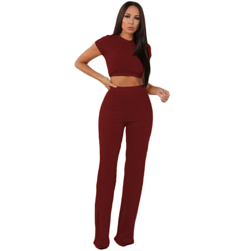 Women Knitted Long Sleeve O-Neck Crop Top Wide Leg Pants 2 Piece Set for Female Women Tops Pants Two Pieces Sets Women'S Suits
