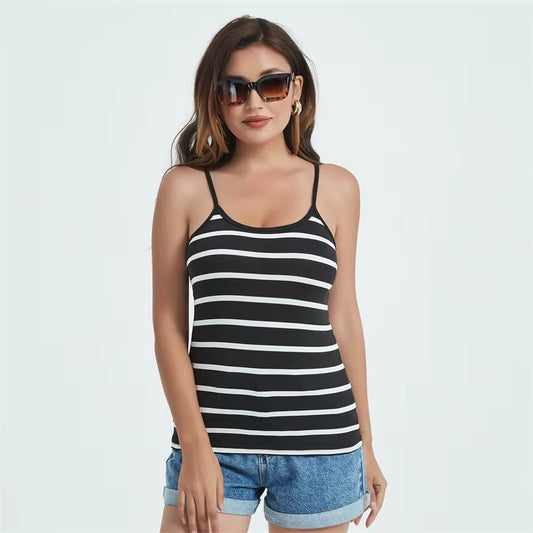 Women Summer Tanks Camis Vest Fashion Casual Sleeveless Cotton Elastic Ladies Street Striped Black Tanks Tops Tees Hotsweet B303
