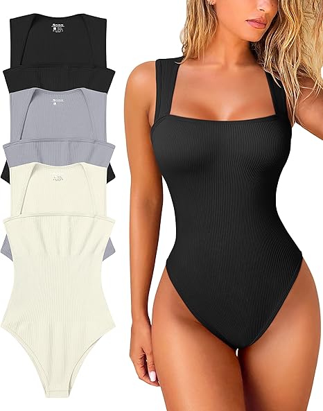 Women'S 3 Piece Bodysuits Sexy Ribbed Strappy Square Neck Sleeveless Body Control Abdomen Tops for Women High Quality Bodysuits