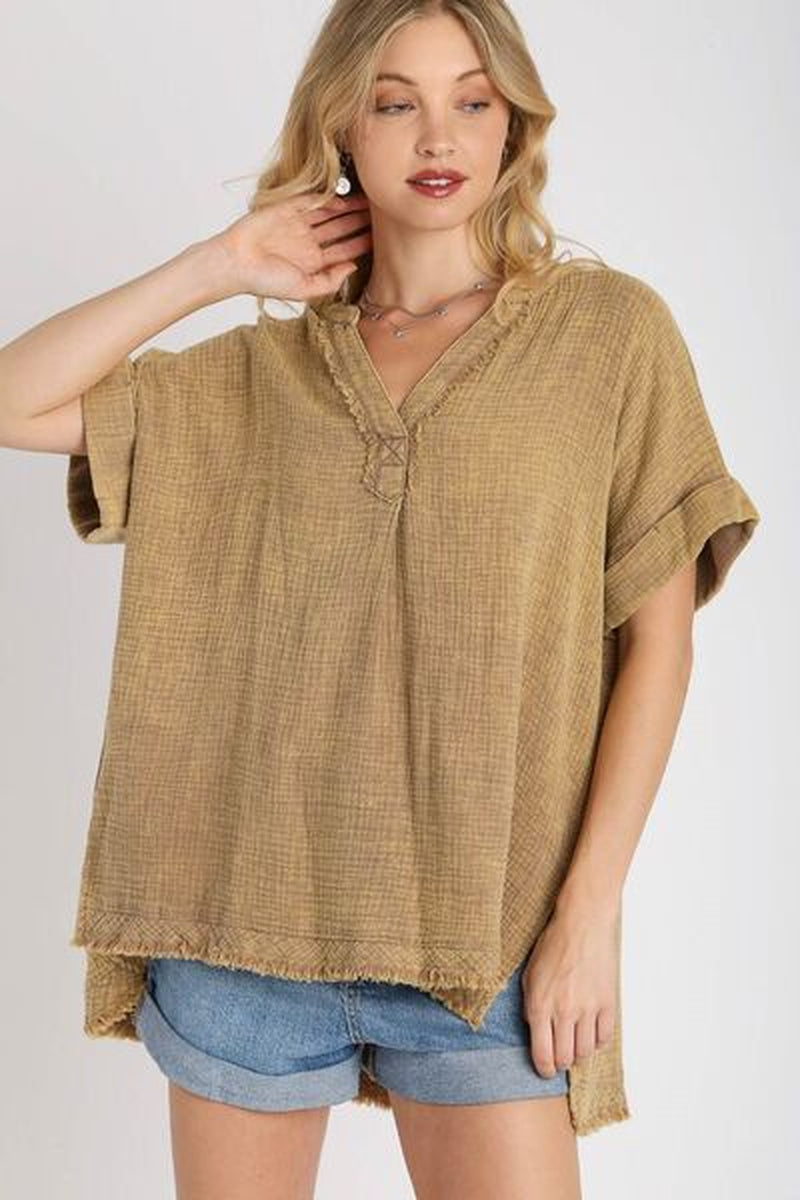 Umgee Full Size Side Slit Notched Mineral Wash Gauze Fabric Top plus Size