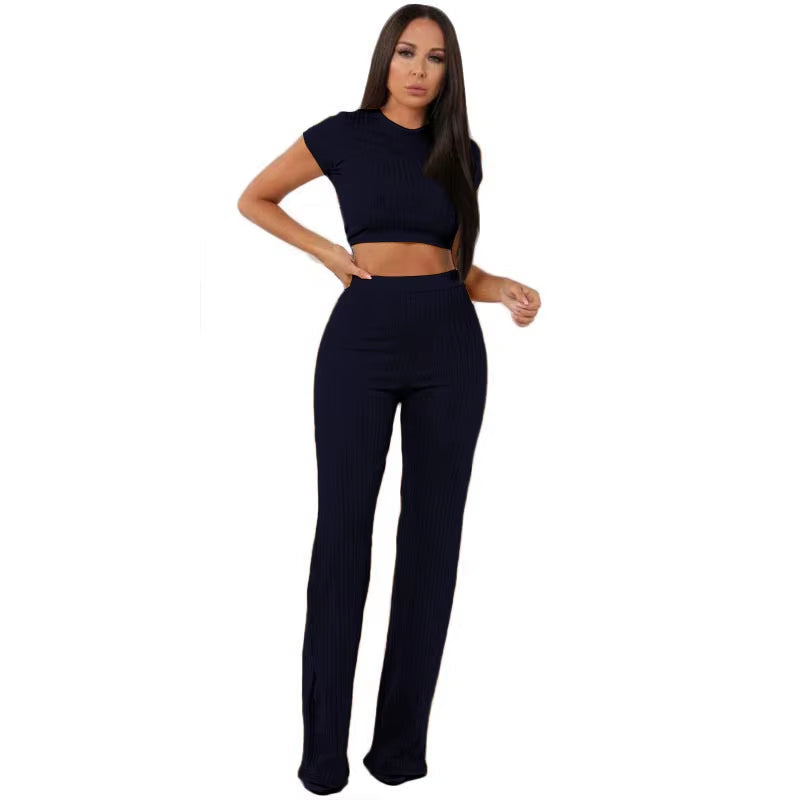 Women Knitted Long Sleeve O-Neck Crop Top Wide Leg Pants 2 Piece Set for Female Women Tops Pants Two Pieces Sets Women'S Suits
