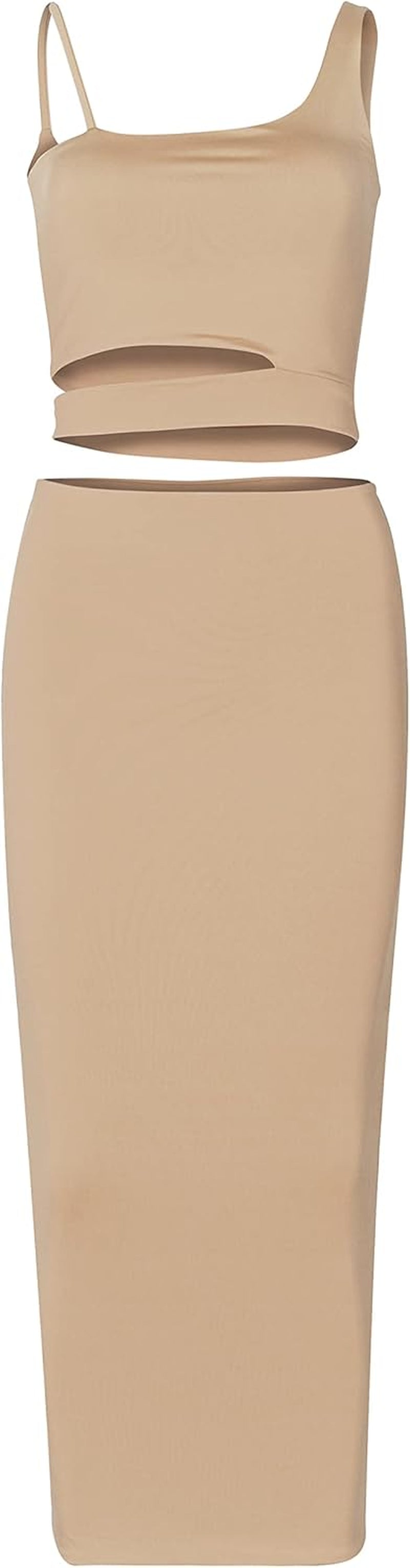 Women'S Sexy Asymmetrical Spaghetti Strap Dress Square Neck Sleeveless Bodycon Midi Club Dress