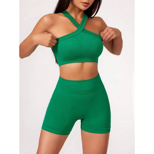 2Pcs Yoga Sets Naked Feel Gym Set Women Workout Clothes High Waist Yoga Shorts and Strappy Sports Bra Short Sets Summer