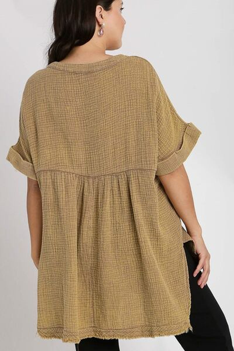 Umgee Full Size Side Slit Notched Mineral Wash Gauze Fabric Top plus Size
