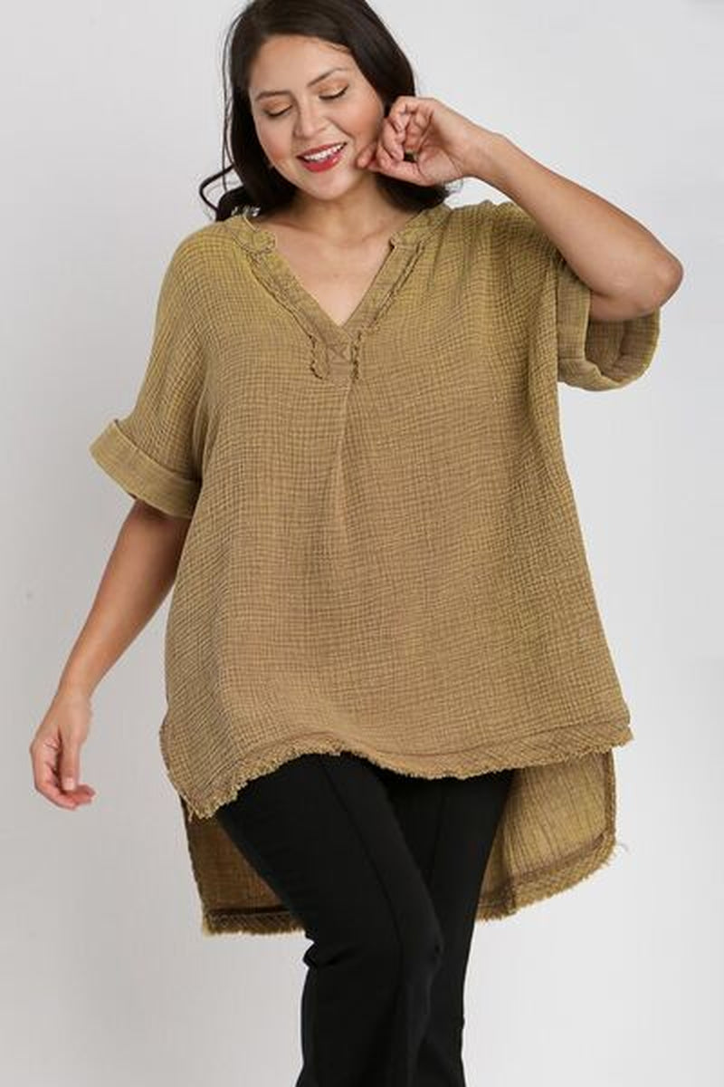 Umgee Full Size Side Slit Notched Mineral Wash Gauze Fabric Top plus Size