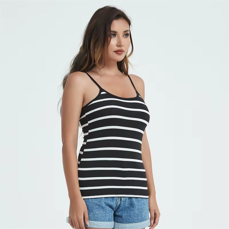 Women Summer Tanks Camis Vest Fashion Casual Sleeveless Cotton Elastic Ladies Street Striped Black Tanks Tops Tees Hotsweet B303