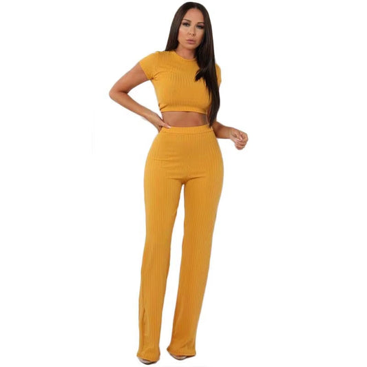 Women Knitted Long Sleeve O-Neck Crop Top Wide Leg Pants 2 Piece Set for Female Women Tops Pants Two Pieces Sets Women'S Suits