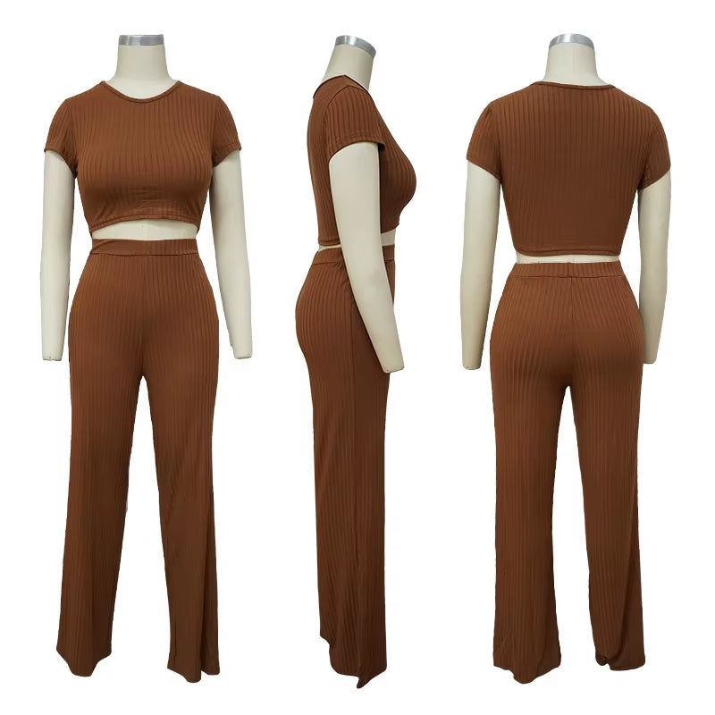Women Knitted Long Sleeve O-Neck Crop Top Wide Leg Pants 2 Piece Set for Female Women Tops Pants Two Pieces Sets Women'S Suits