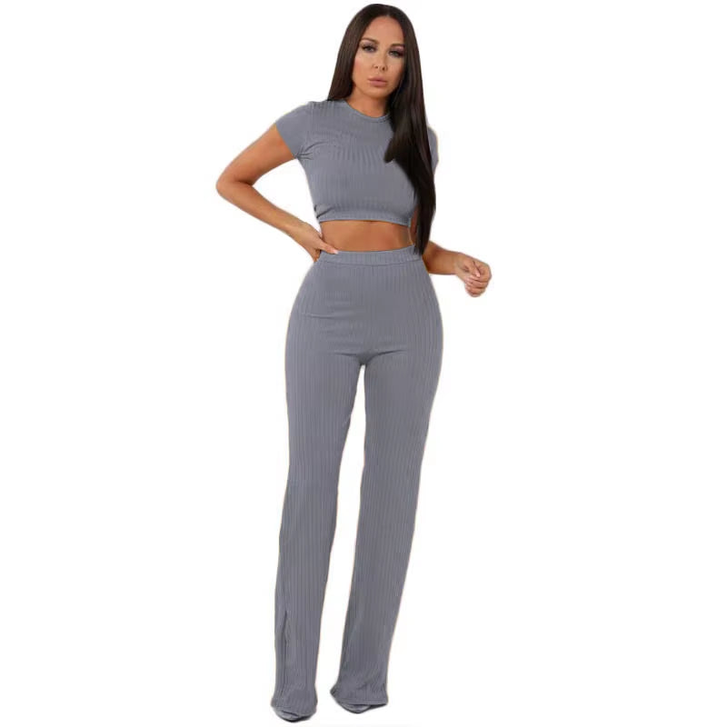 Women Knitted Long Sleeve O-Neck Crop Top Wide Leg Pants 2 Piece Set for Female Women Tops Pants Two Pieces Sets Women'S Suits