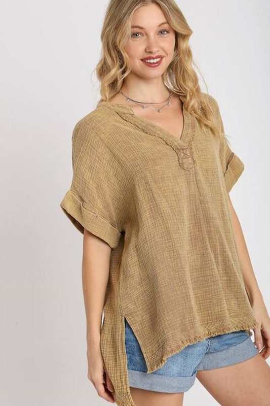 Umgee Full Size Side Slit Notched Mineral Wash Gauze Fabric Top plus Size