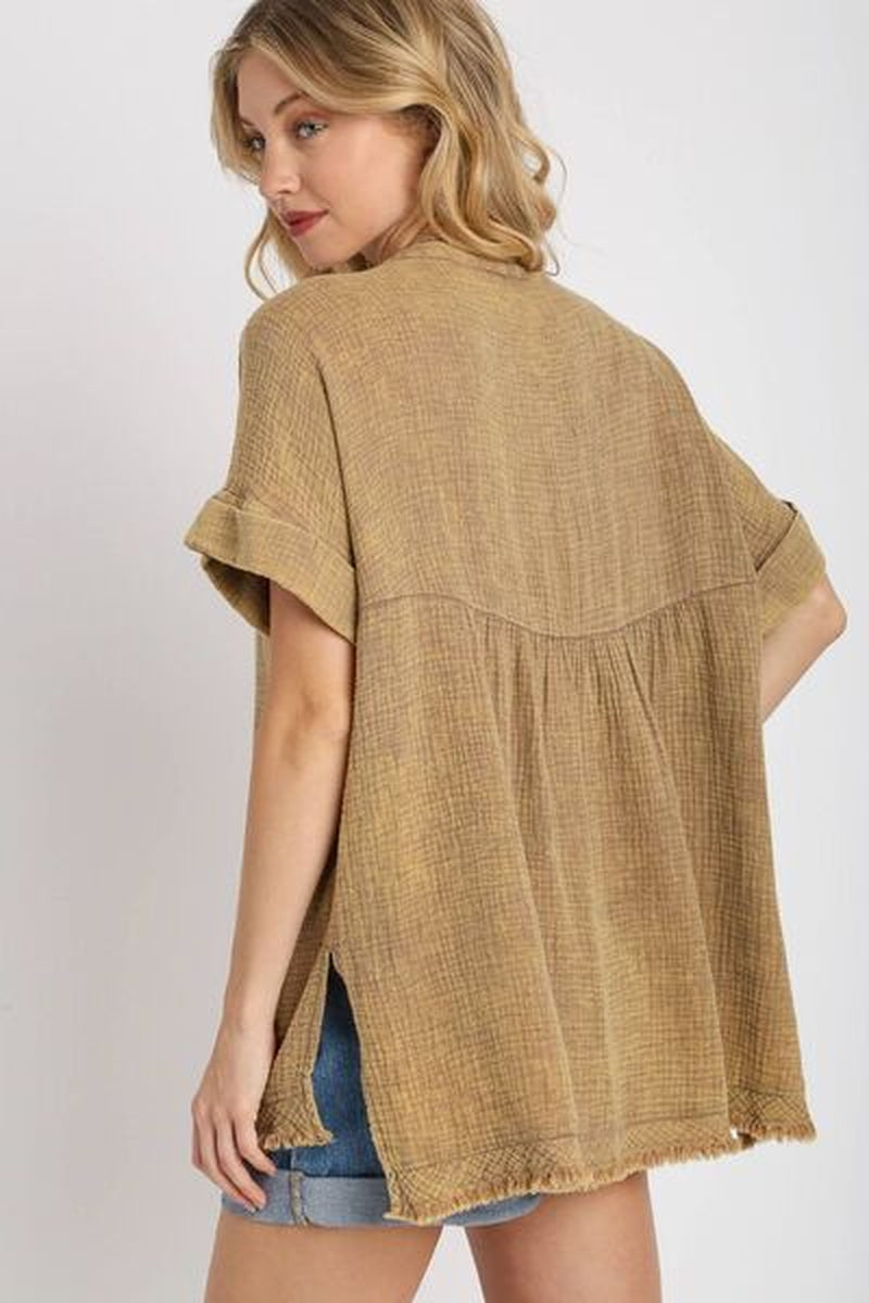 Umgee Full Size Side Slit Notched Mineral Wash Gauze Fabric Top plus Size