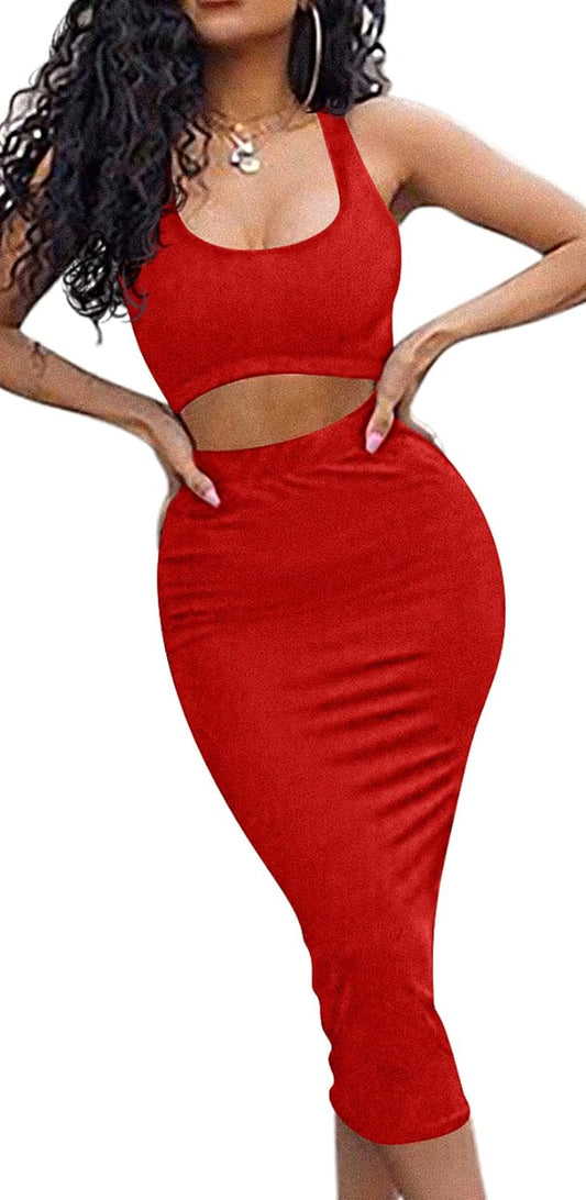 Women'S Sexy Summer Outfits Bodycon Tank Top Midi Skirt 2 Piece Dress